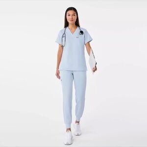 Figs Open Skies Light Blue Scrub Zamora Joggers and V-Neck Top
